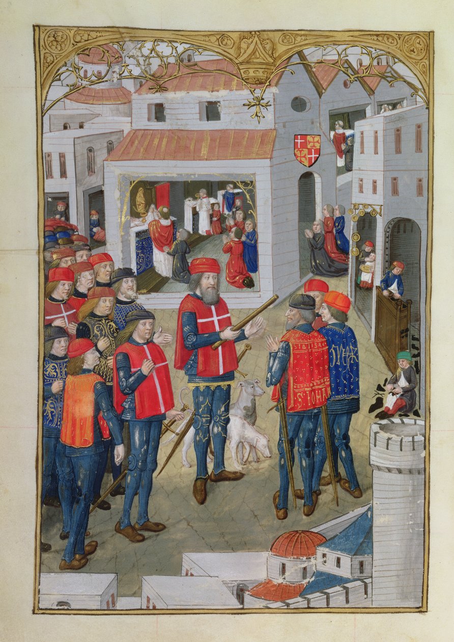 Lat 6067 fol.33v Los Caballeros de San Juan de Jerusalén se preparan para defender Rodas, de A History of the Siege of Rhodes, por Guillaume Caoursin, 1483 de French School
