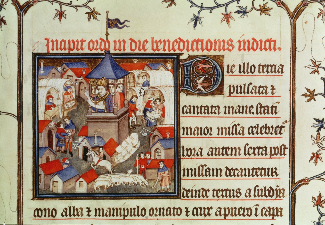 Miniatura de un obispo bendiciendo la feria o mercado anual celebrado durante dos semanas en junio en las llanuras de San Denis, de un pontifical, 1301-1400 de French School