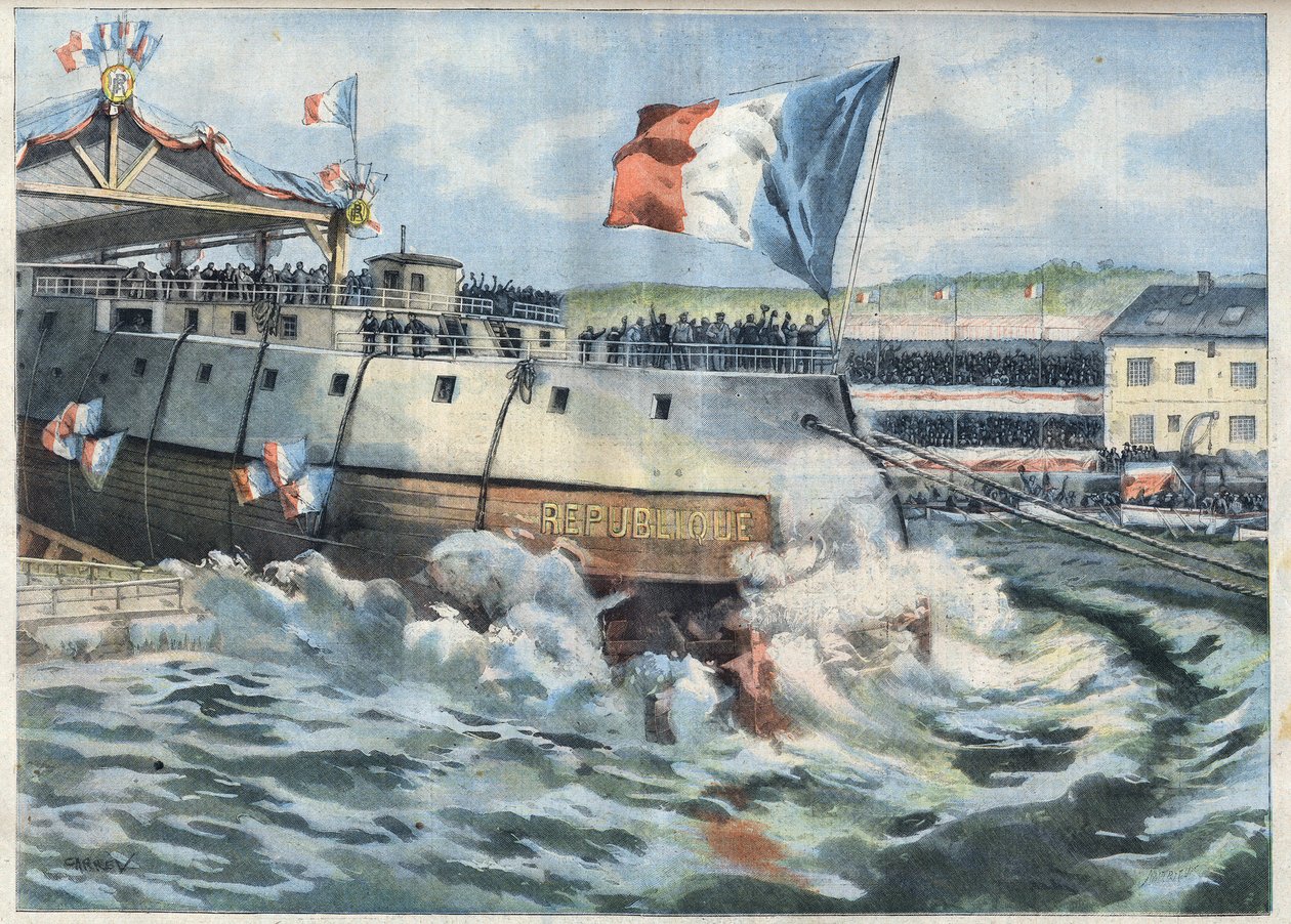 Lanzamiento del Cuirasse "Republique" en Brest, Francia. Grabado en "Le Petro Parisien" de French School