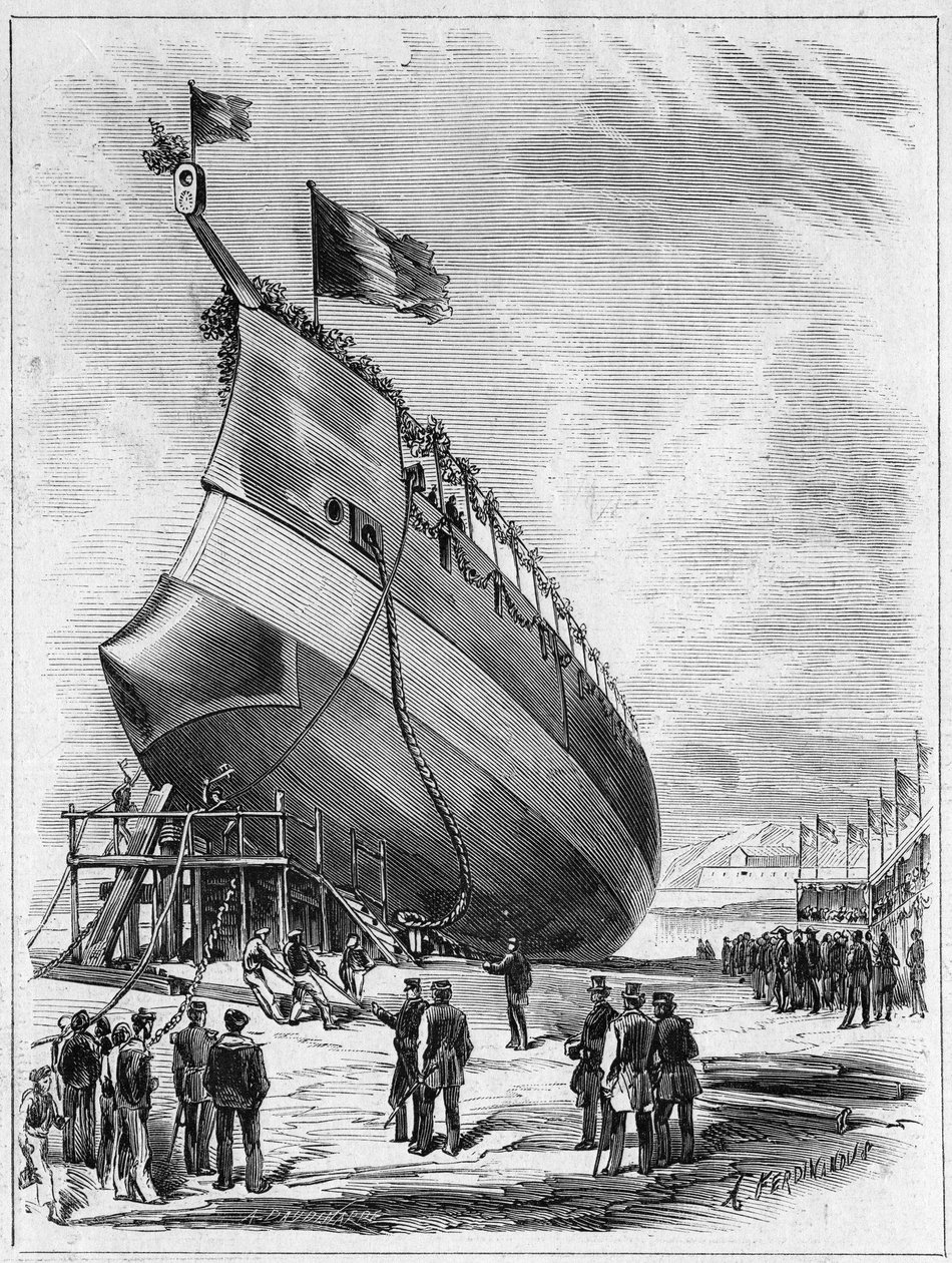 Lanzamiento del barco blindado "La Galissonniere", 7 de mayo de 1872 en el puerto de Brest, Finisterre (29). Grabado en "Le Monde Illustré" n°789 del 25 de mayo de 1872 de French School