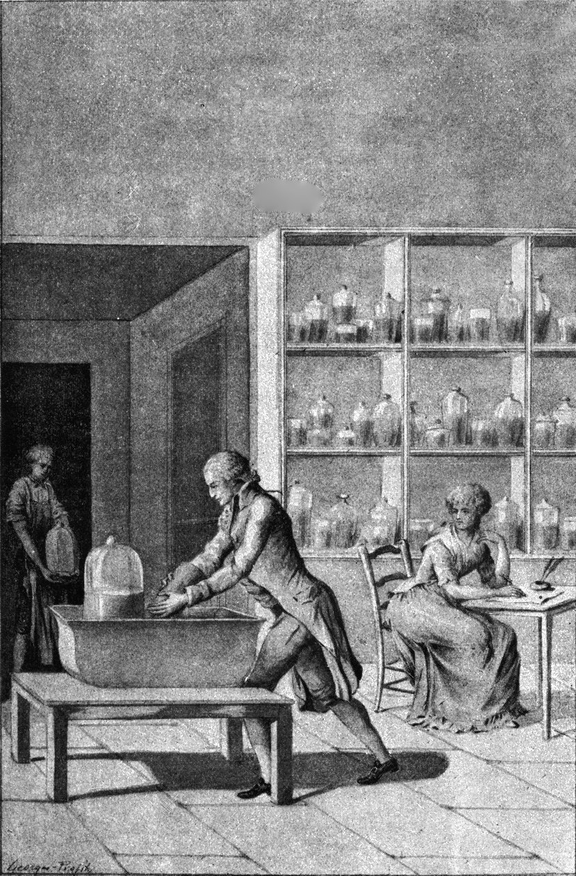 Lavoisier en su laboratorio en el Arsenal, demostrando un experimento sobre la respiración, siglo XVIII de French School