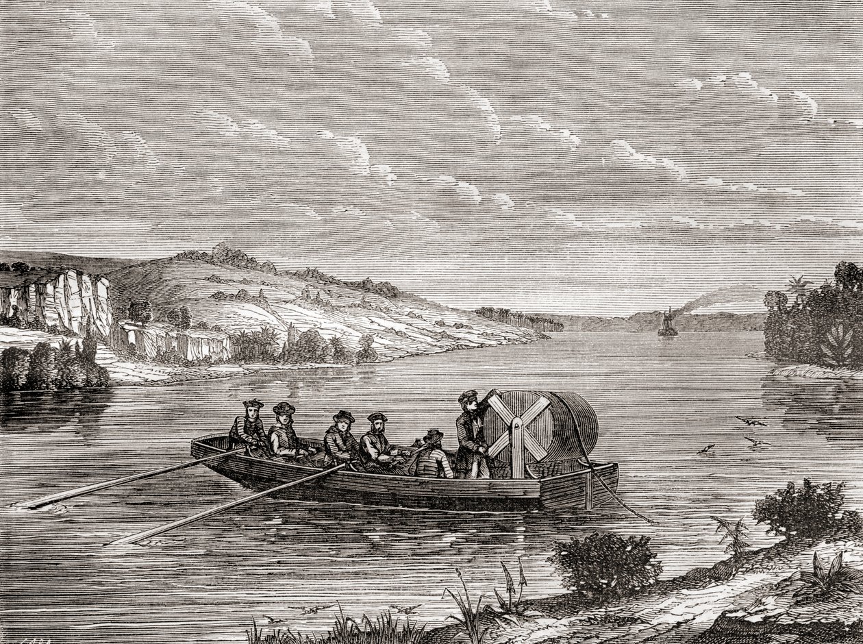 Tendido de un cable telegráfico bajo un río americano c.1860, de Les Merveilles de la Science, publicado c.1870 (grabado) de French School