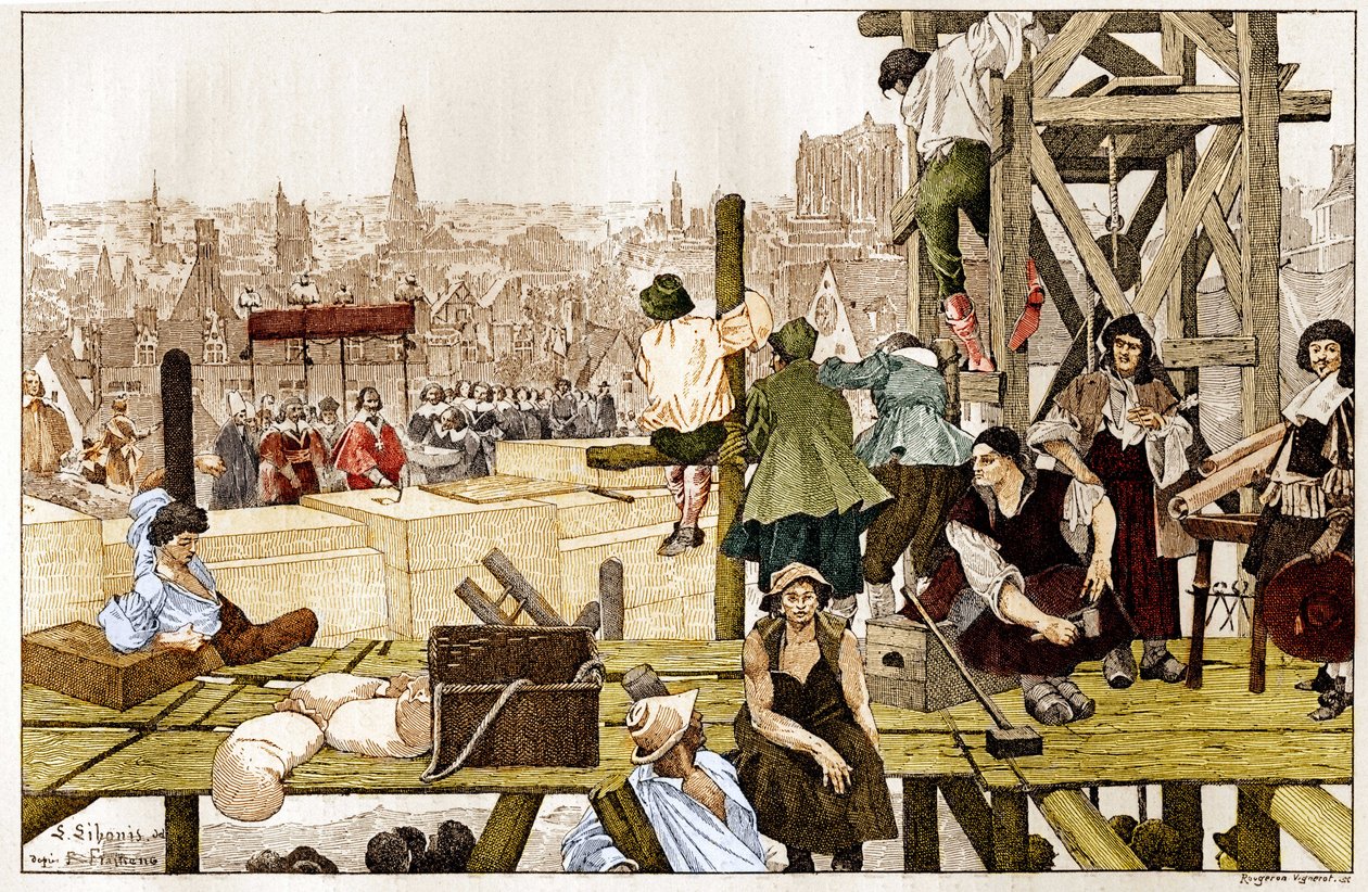 Colocación de la primera piedra de la Sorbona, por el Cardenal Richelieu, en presencia del arzobispo de Rouen François du Harlay en el siglo XVII de French School