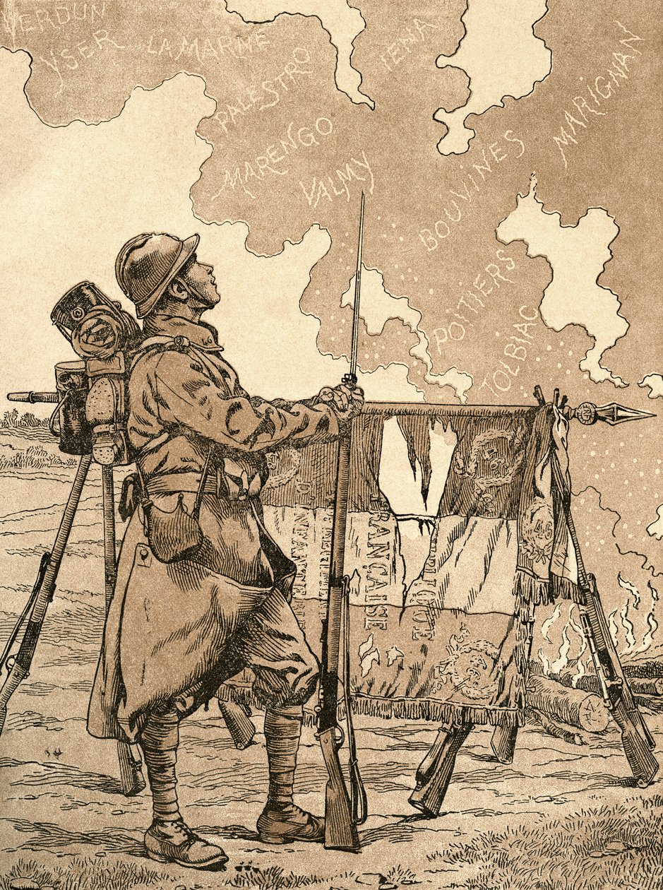Le Bleuet. Símbolo de memoria y solidaridad en Francia, para los veteranos y las víctimas de la Primera Guerra Mundial. Ilustración propagandística francesa de la 1ª Guerra Mundial que evoca las victorias francesas a través de los tiempos. De la Agenda Buv de French School