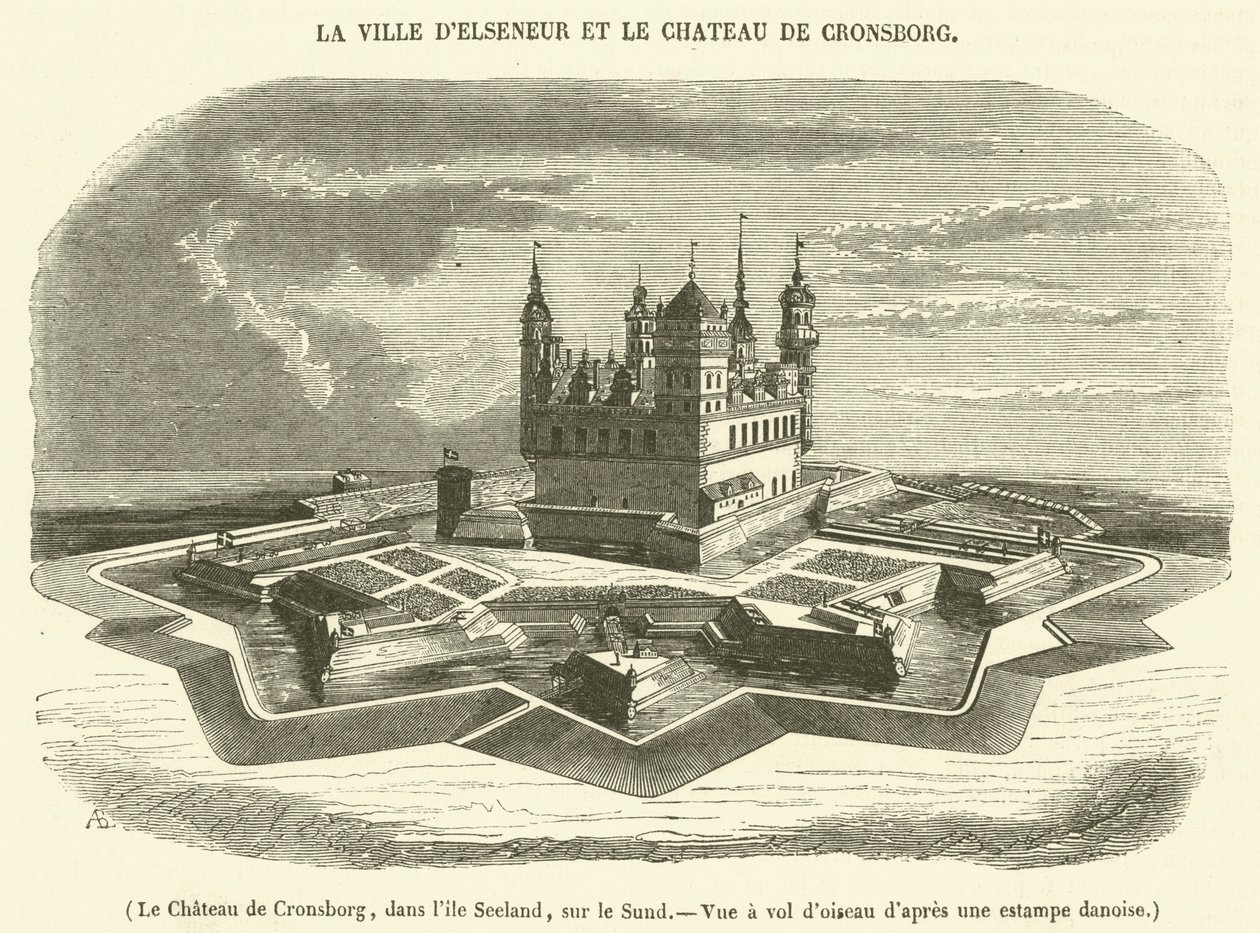 Castillo de Cronsborg, en la isla de Seeland, en el Sund, a vista de pájaro (grabado) de French School