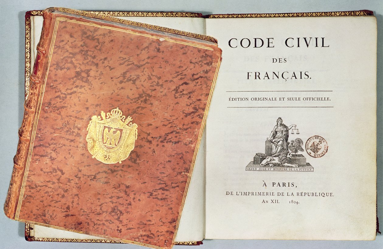 Le Code Civil des Français, mostrando la encuadernación y la página del título, primera edición pub. 1804 de French School