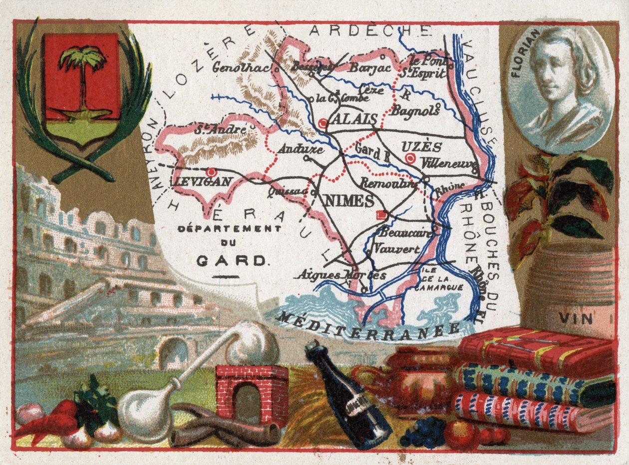 Le Gard (30), Languedoc-Roussillon, Francia - Especialidad local: aguardiente (aparato de destilación) y vino - Retrato de Jean-Pierre-Claris de Florian (1755-1794) - Serie sobre los departamentos franceses - Cromolitografía de French School