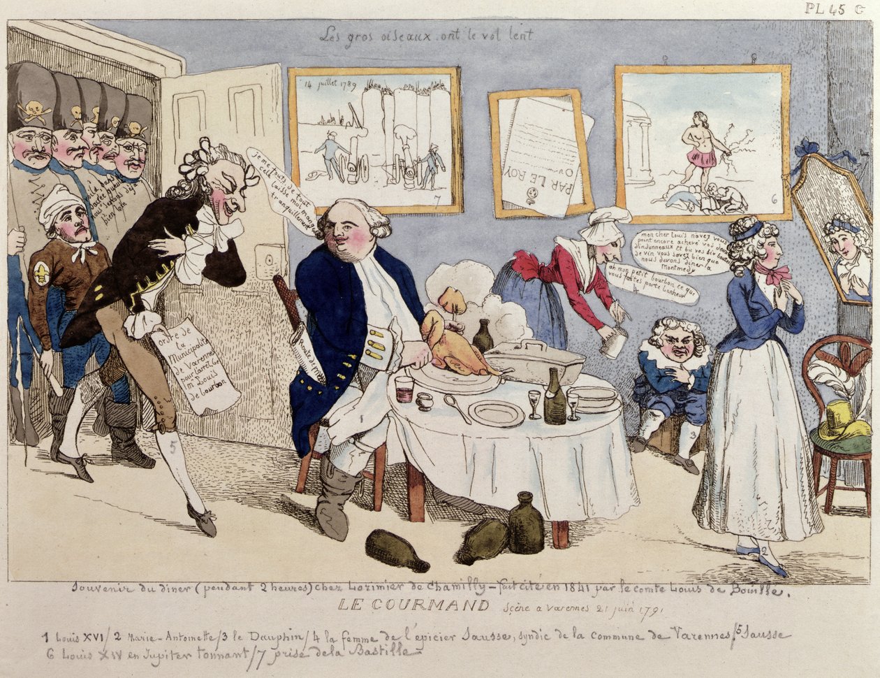 Le Gourmand, caricatura de Luis XVI (1754-93) y la familia real francesa en el momento de su arresto en Varennes el 21 de junio de 1791 de French School