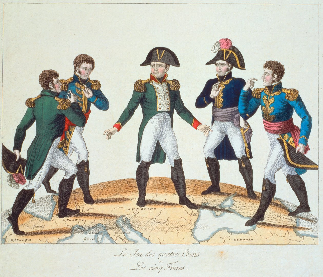 El juego de los cuatro rincones o Los cinco hermanos, caricatura bonapartista que representa a Napoleón y sus hermanos, 1808 de French School