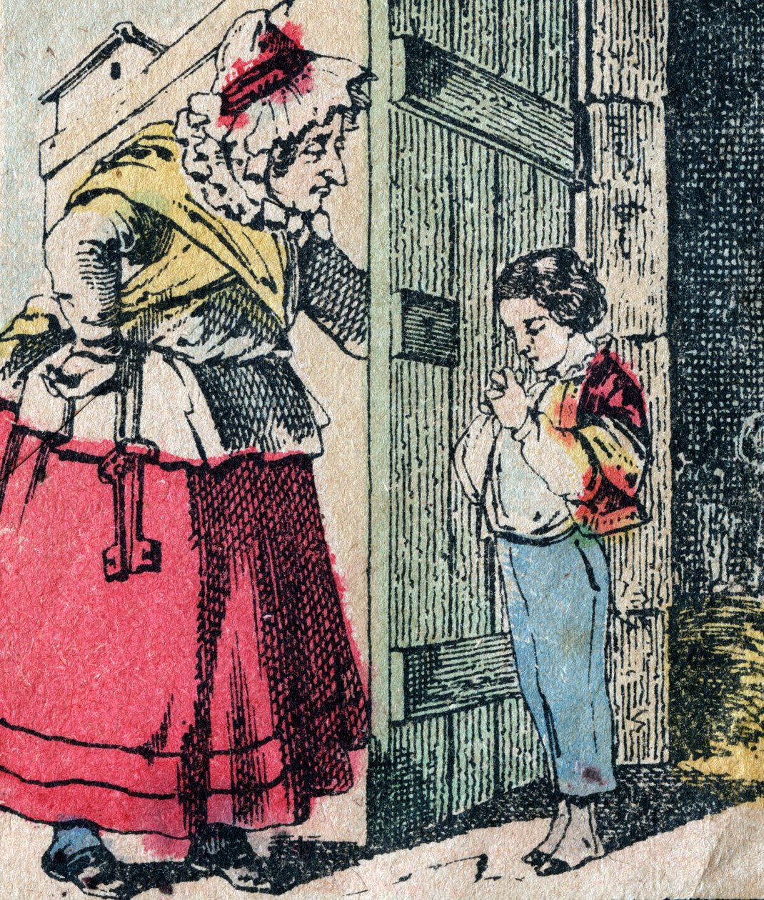 Le Pere Fouettard, personaje francés del padre azotador, figura legendaria del folclore que castiga a los niños traviesos: su esposa, La Mere Fouettard, la madre azotadora, que entrega a los niños arrepentidos - Imagen de Epinal de French School