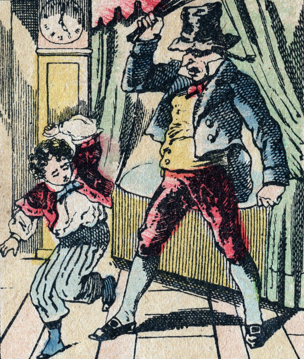 Le Pere Fouettard, personaje legendario del folclore, castigando a los niños desobedientes con su látigo, e encerrando a los niños desobedientes, imagen de Epinal de French School