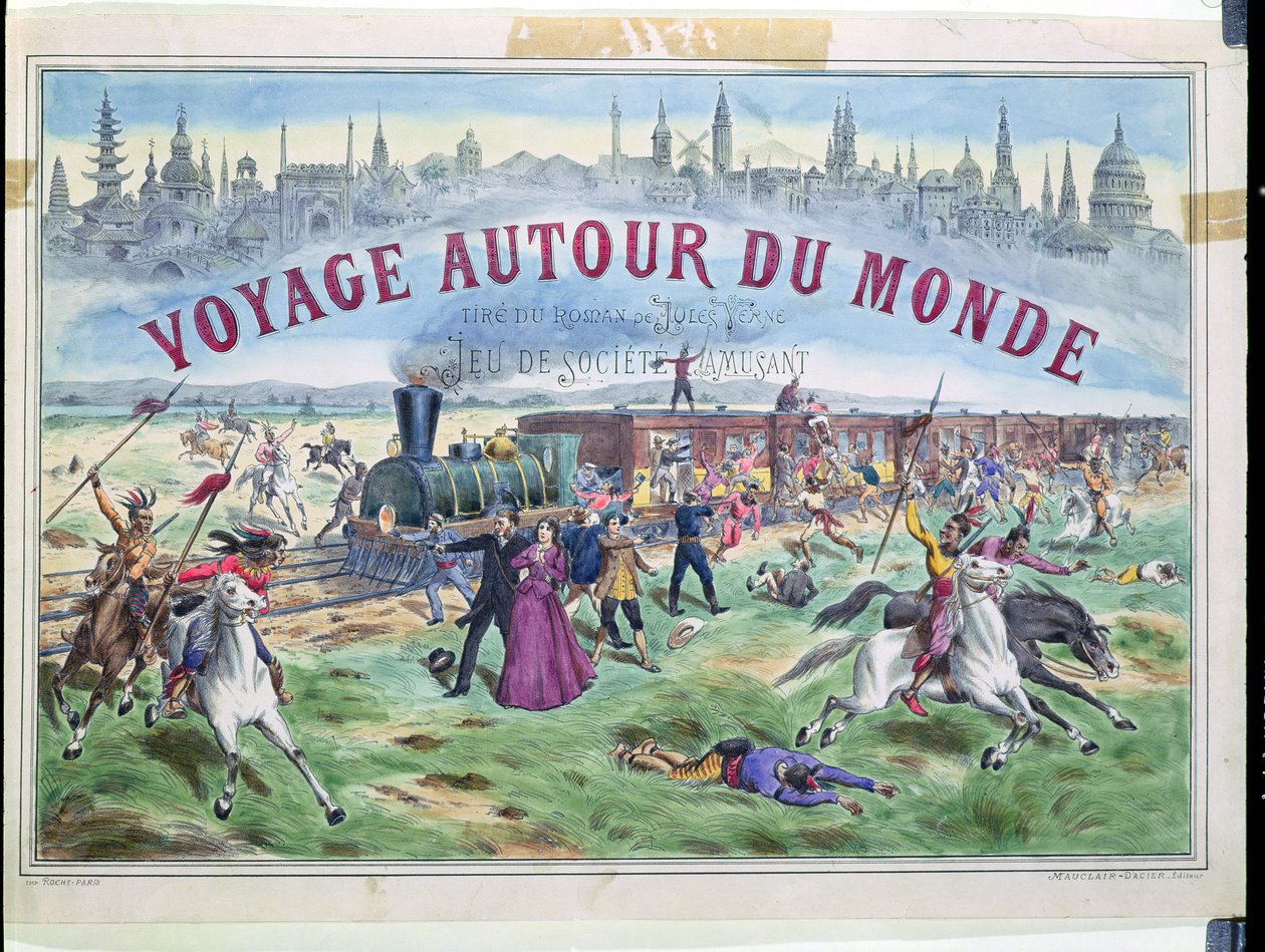Le Voyage Autour du Monde, portada de una caja para un juego basado en La Vuelta al Mundo en 80 Días de Julio Verne (1828-1905) de French School