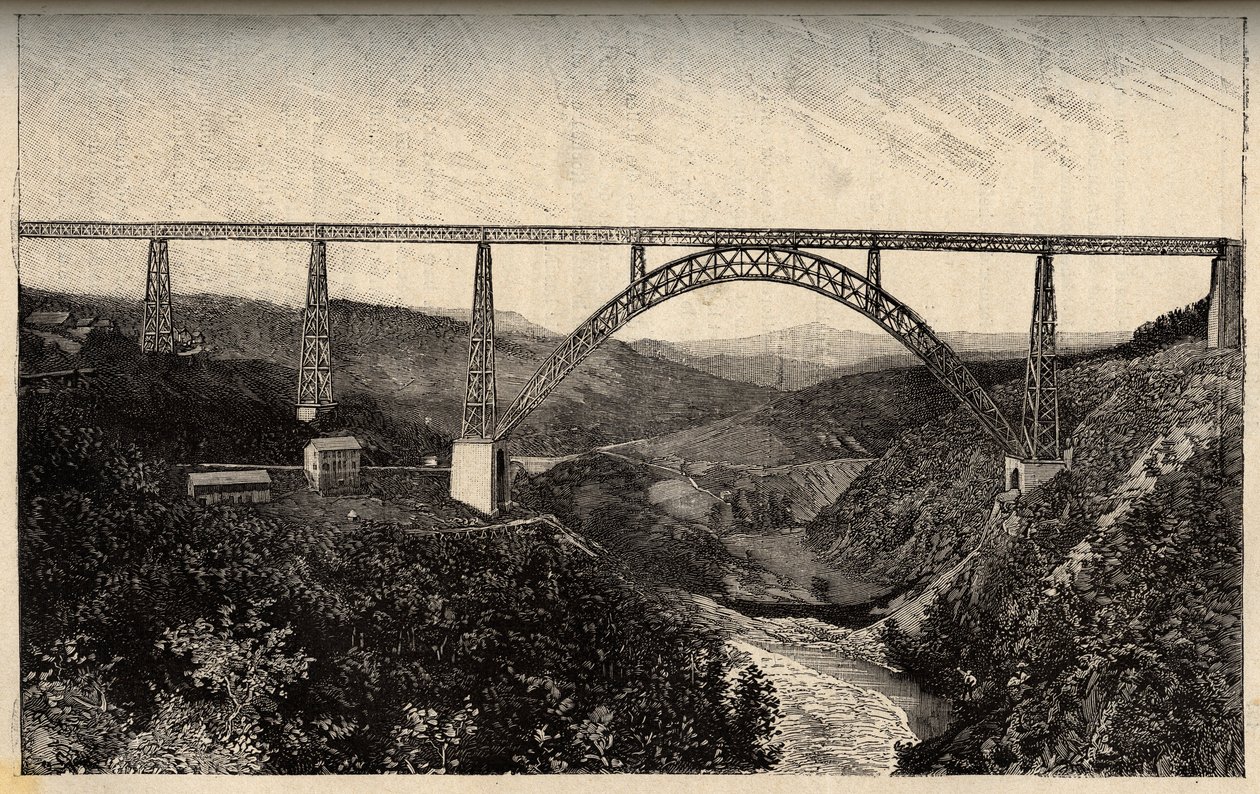 Le viaduct de Garabit - Cantal - Auvergne-Rhone-Alpes - grabado en "PATRIE - DESCRIPTION PACUREQUIREQUE DE LA FRANCE EN 6 VOLUES BY LUCIEN HUARD" - finales del siglo XIX de French School