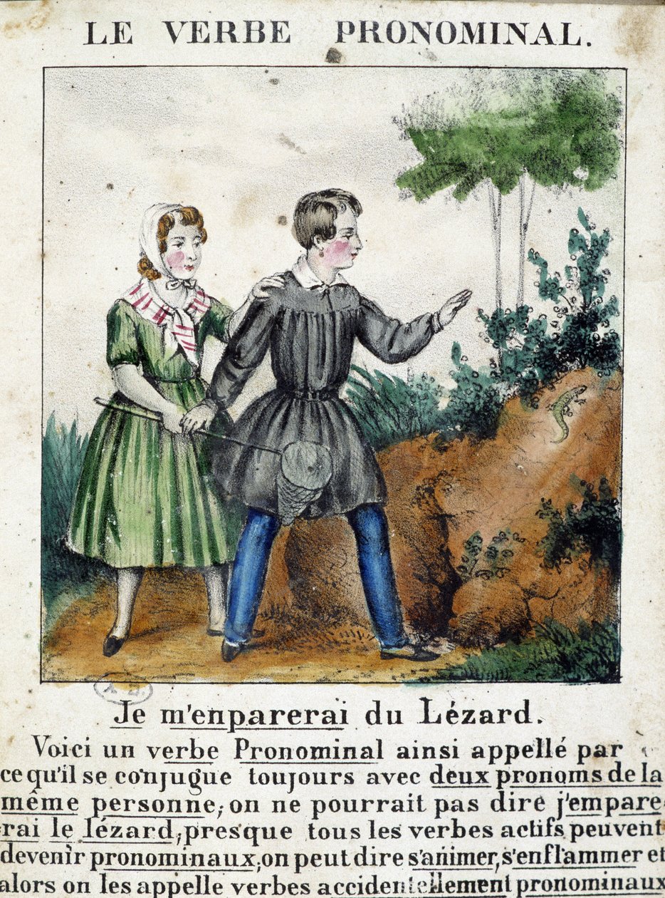 Lección sobre verbos pronominales. En “La gramática en imágenes”, álbum de folletos, circa 1850 de French School
