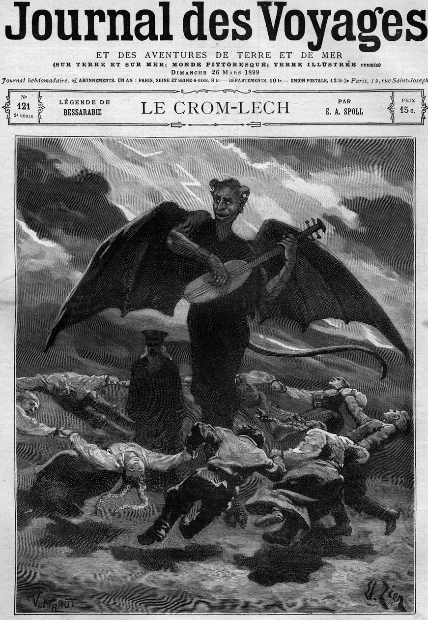 Leyenda de Besarabia (Europa del Este): Crom Lech. Satanás, tocando balalaika, entrena a los bailarines en una ronda interminable. Grabado en Journal des Voyages del 26 de marzo de 1899 de French School