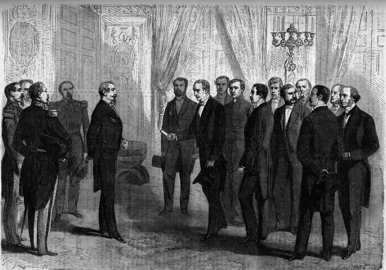 El emperador Napoleón III recibe en las Tullerías a la delegación mexicana encargada de ofrecer la corona de México al príncipe Maximiliano (Maximiliano I de México). París de French School