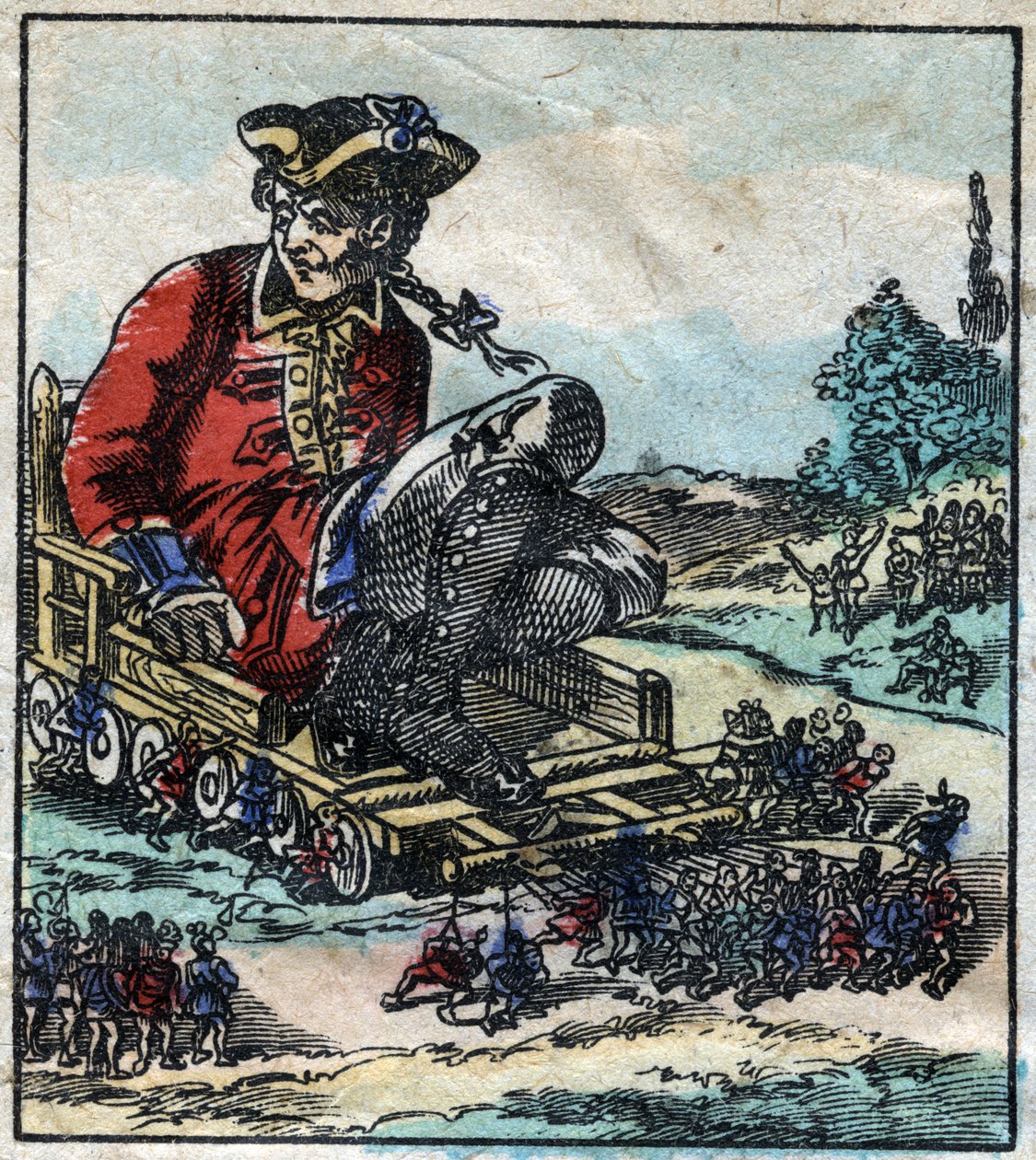 Lemuel Gulliver, prisionero, es transportado en un carro tirado por los liliputienses. Ilustración para “Los viajes de Gulliver” de Jonathan Swift (1667-1745). Imagen de Epinal de finales del siglo XIX. de French School
