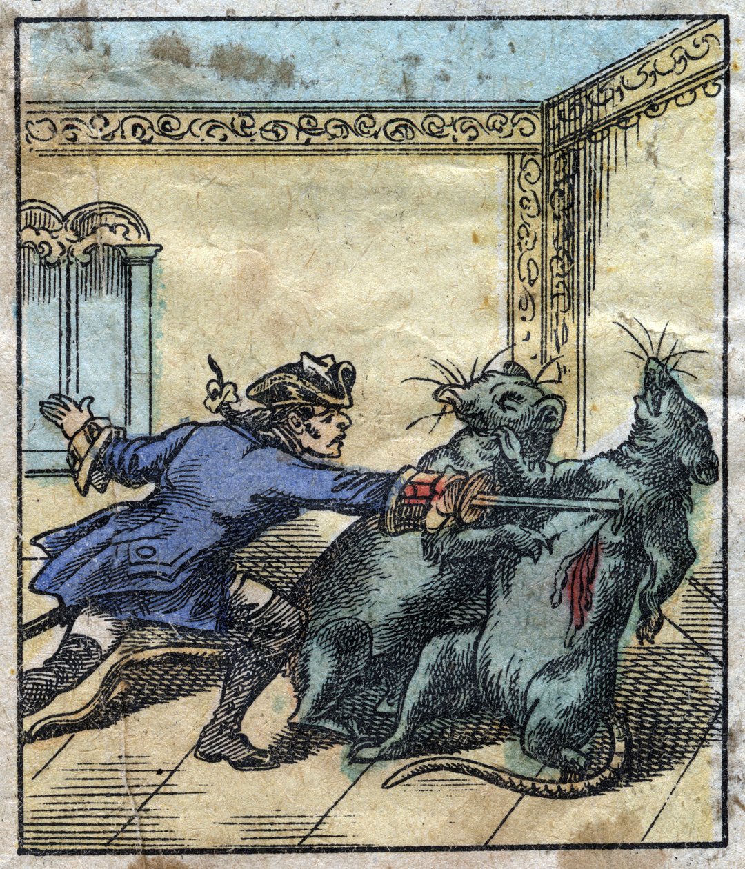 Lemuel Gulliver lucha contra ratas en la tierra de los gigantes de Brobdingnag. Ilustración para "Los viajes de Gulliver" de Jonathan Swift (1667-1745). Imágenes de Epinal de finales del siglo XIX. de French School