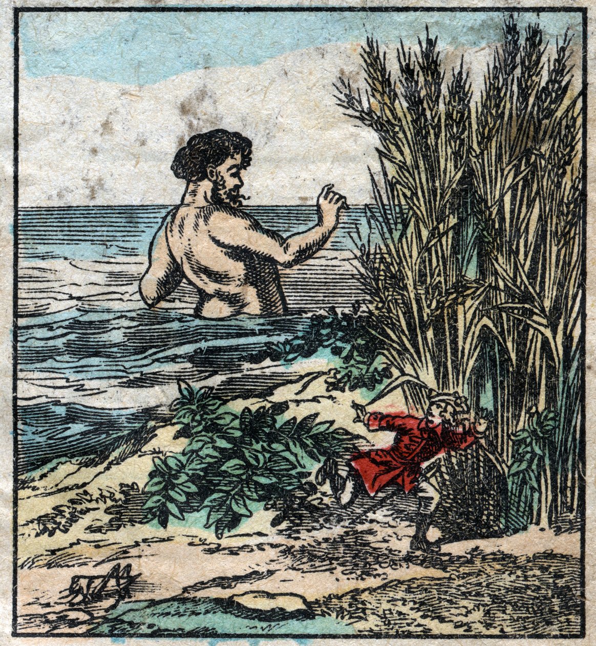 Lemuel Gulliver se esconde de un gigante en Brobdingnag. Ilustración para "Los viajes de Gulliver" de Jonathan Swift (1667-1745). Imagen de Epinal finales del siglo XIX. de French School