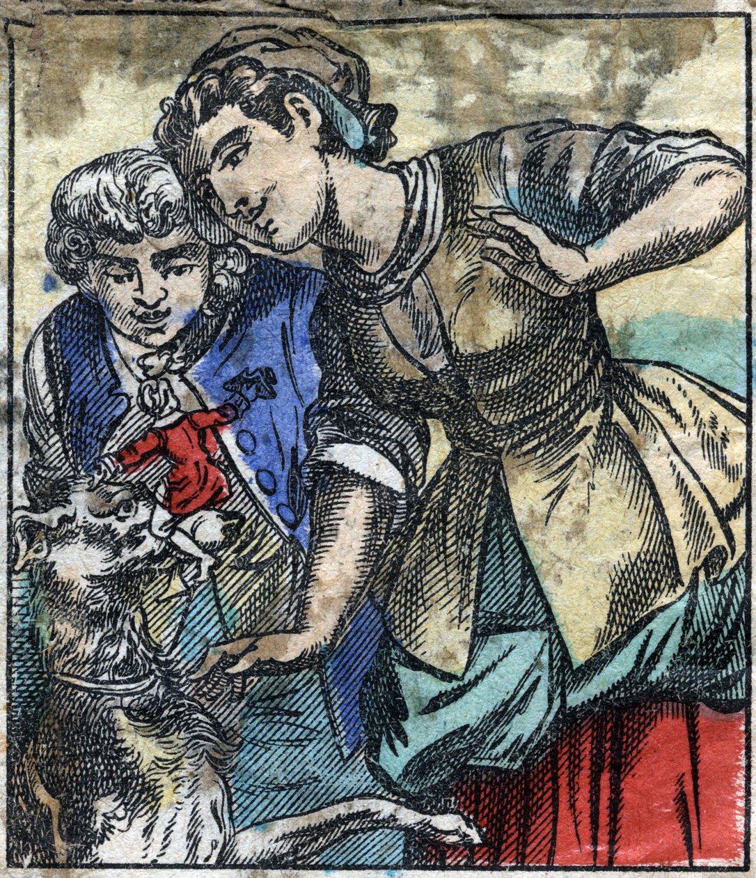 Lemuel Gulliver en la tierra de los gigantes de Brobdingnag. Ilustración para "Los viajes de Gulliver" de Jonathan Swift (1667-1745). Imágenes de Epinal de finales del siglo XIX. de French School