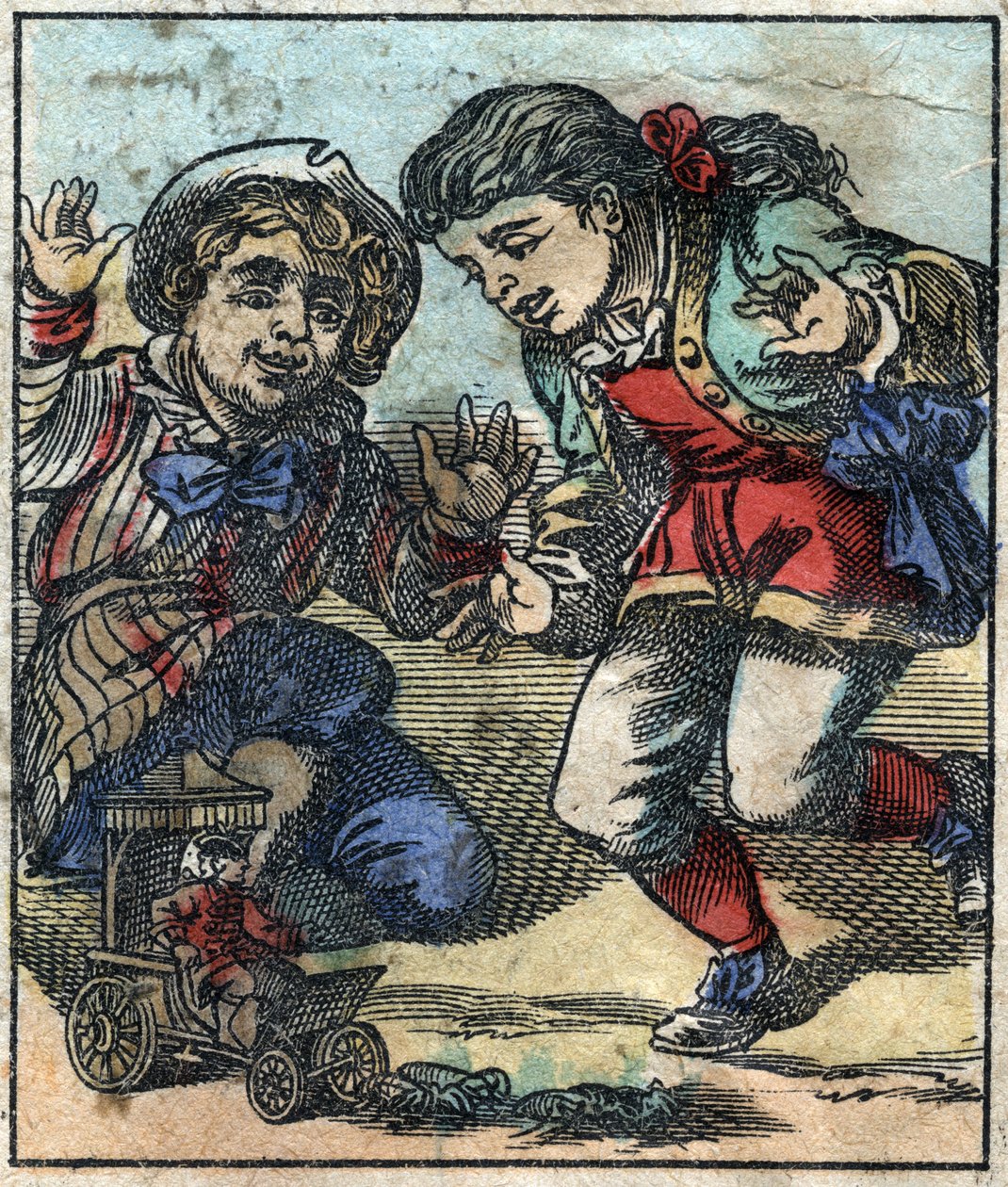 Lemuel Gulliver es usado como juguete por los niños gigantes de Brobdingnag. Ilustración para "Los viajes de Gulliver" de Jonathan Swift (1667-1745). Imágenes de Épinal finales del siglo XIX. de French School