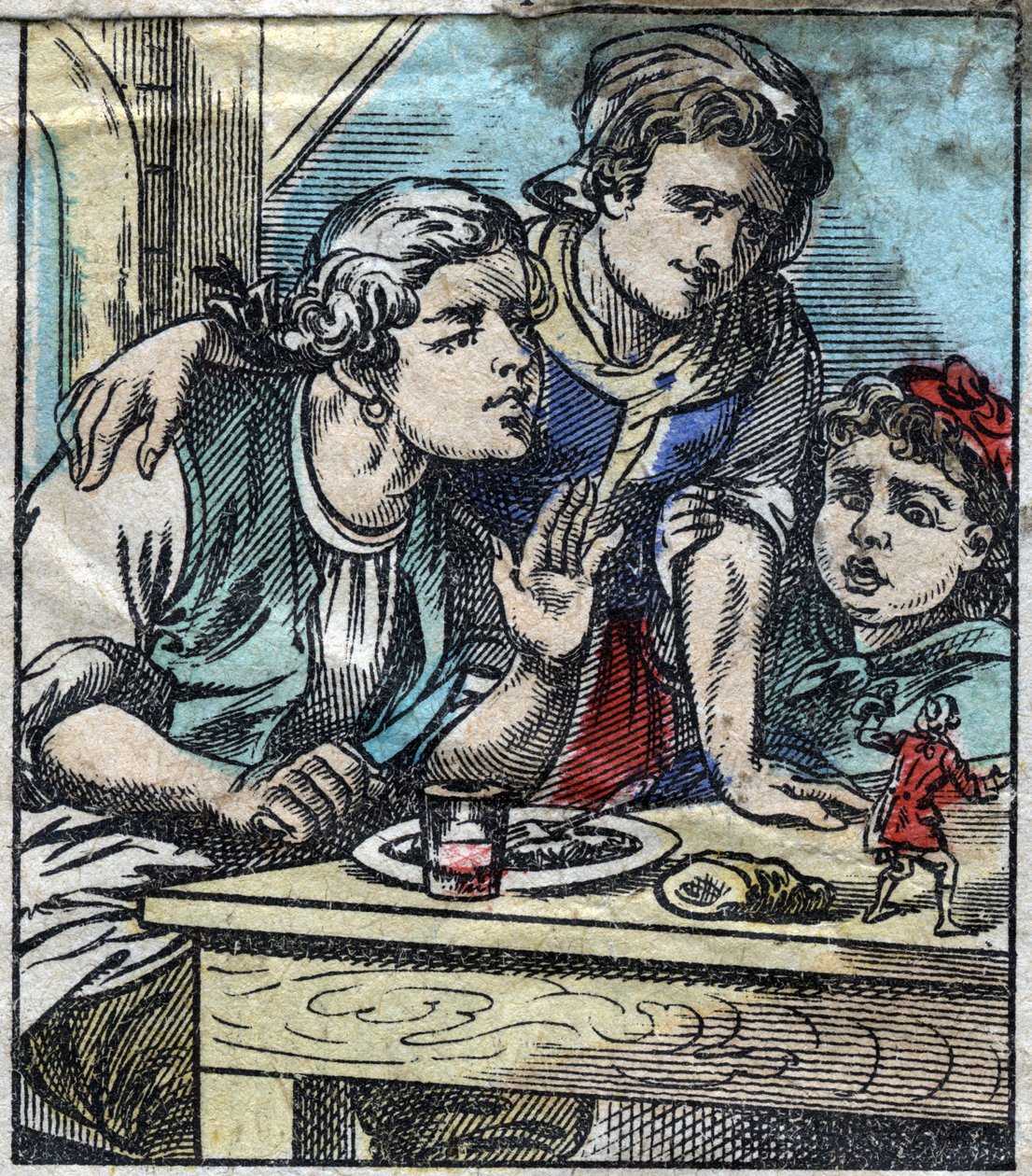 Lemuel Gulliver en la mesa de la familia Glumdalclitch, en la tierra de los gigantes de Brobdingnag. Ilustración para "Los viajes de Gulliver" de Jonathan Swift (1667-1745). Imágenes de Epinal de finales del siglo XIX. de French School