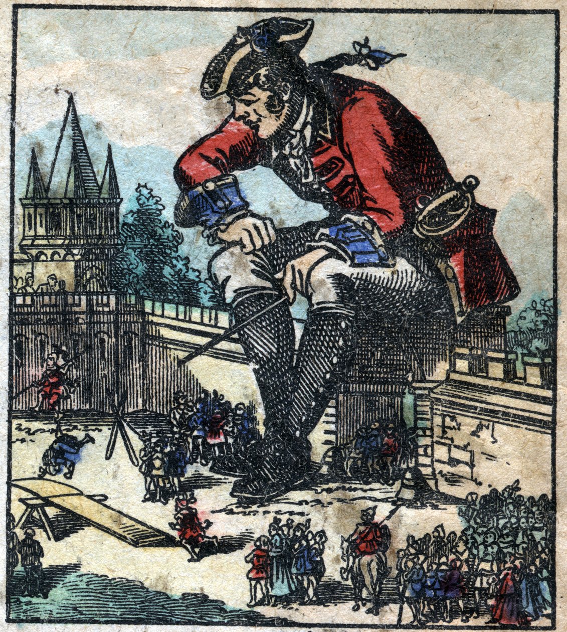 Lemuel Gulliver sentado en la muralla de la ciudad explica la estrategia al ejército de Lilliput. Ilustración para "Los viajes de Gulliver" de Jonathan Swift (1667-1745). Imágenes de Epinal de finales del siglo XIX. de French School