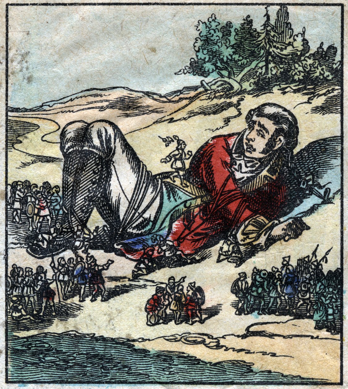 Lemuel Gulliver se despertó después de su naufragio y fue tomado prisionero por los liliputienses. Ilustración para "Los viajes de Gulliver" de Jonathan Swift (1667-1745). Imagen de Epinal finales del siglo XIX. de French School