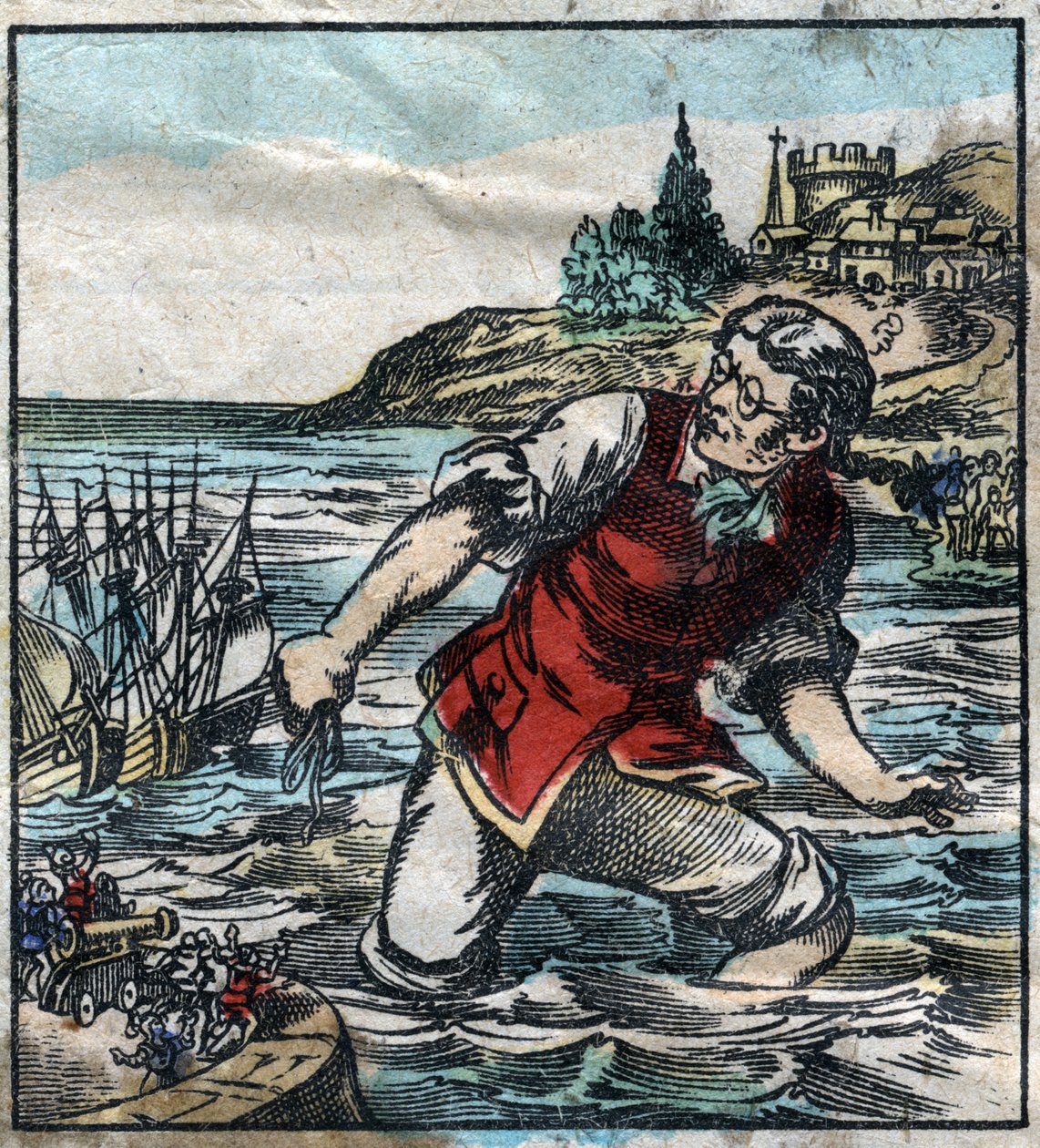 Lemuel Gulliver disparó los barcos del ejército de Blefuscu al puerto capital de Lilliput. Ilustración para "Los viajes de Gulliver" de Jonathan Swift (1667-1745). Imágenes de Epinal de finales del siglo XIX. de French School
