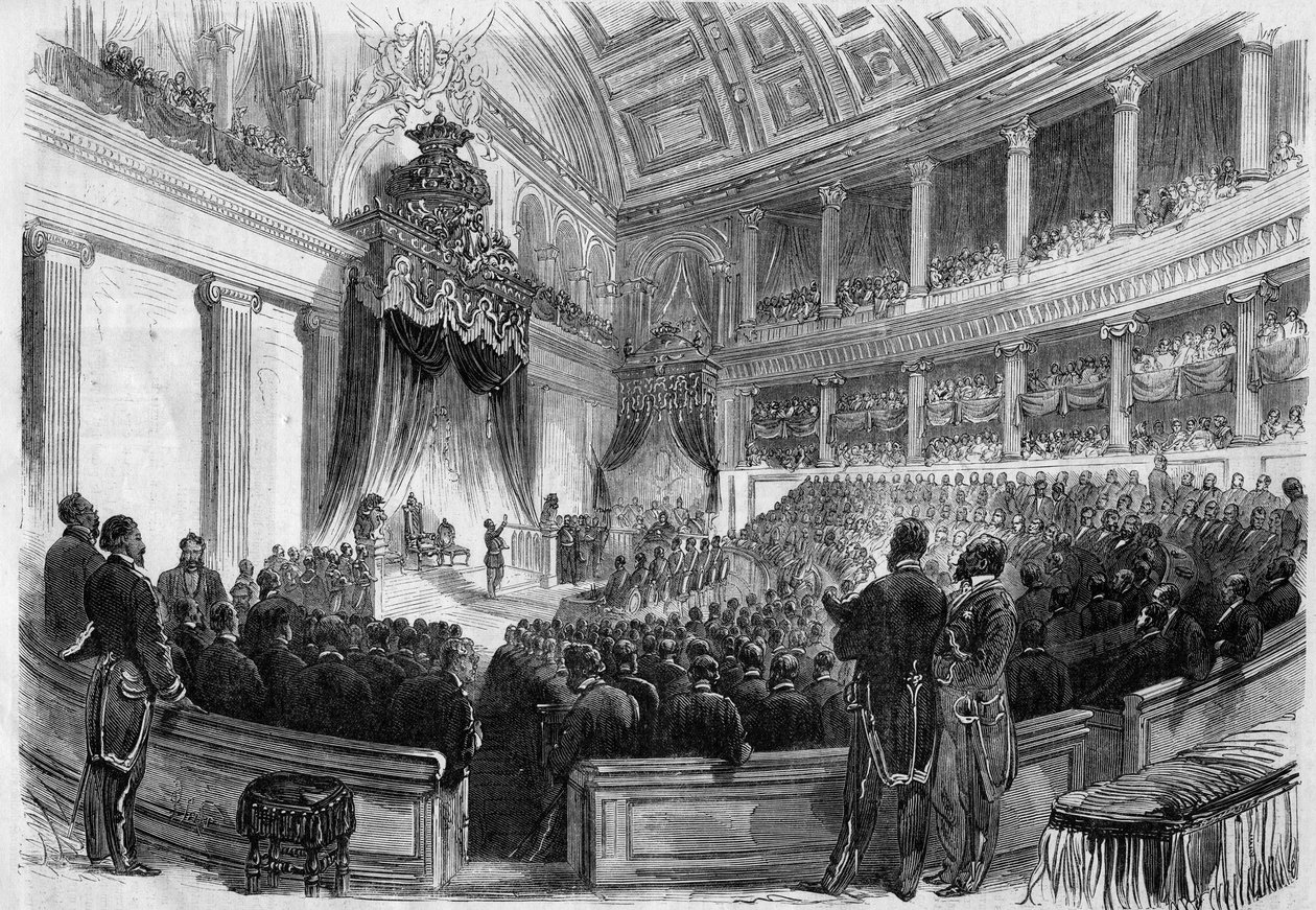 Leopoldo II (1835-1909), Rey de los Belgas, prestó juramento ante los grandes cuerpos del estado en 1865. de French School