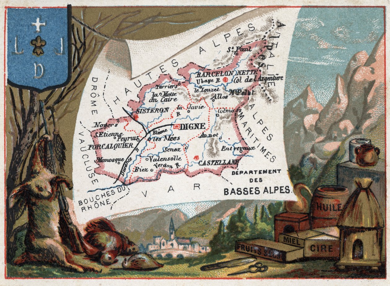 Los Alpes Bajos, hoy departamento de los Alpes de Alta Provenza (04), Francia. Especialidad local: caza, cera, miel, frutas secas y aceite. Serie sobre los Departamentos Franceses. Cromolitografía "el hilo geográfico", circa 1920. Colección privada de French School