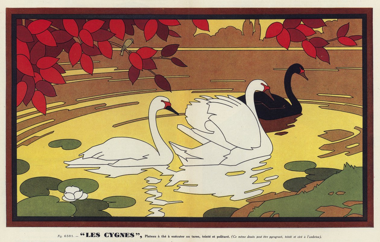Les Cygnes, Cisnes (litografía en color) de French School