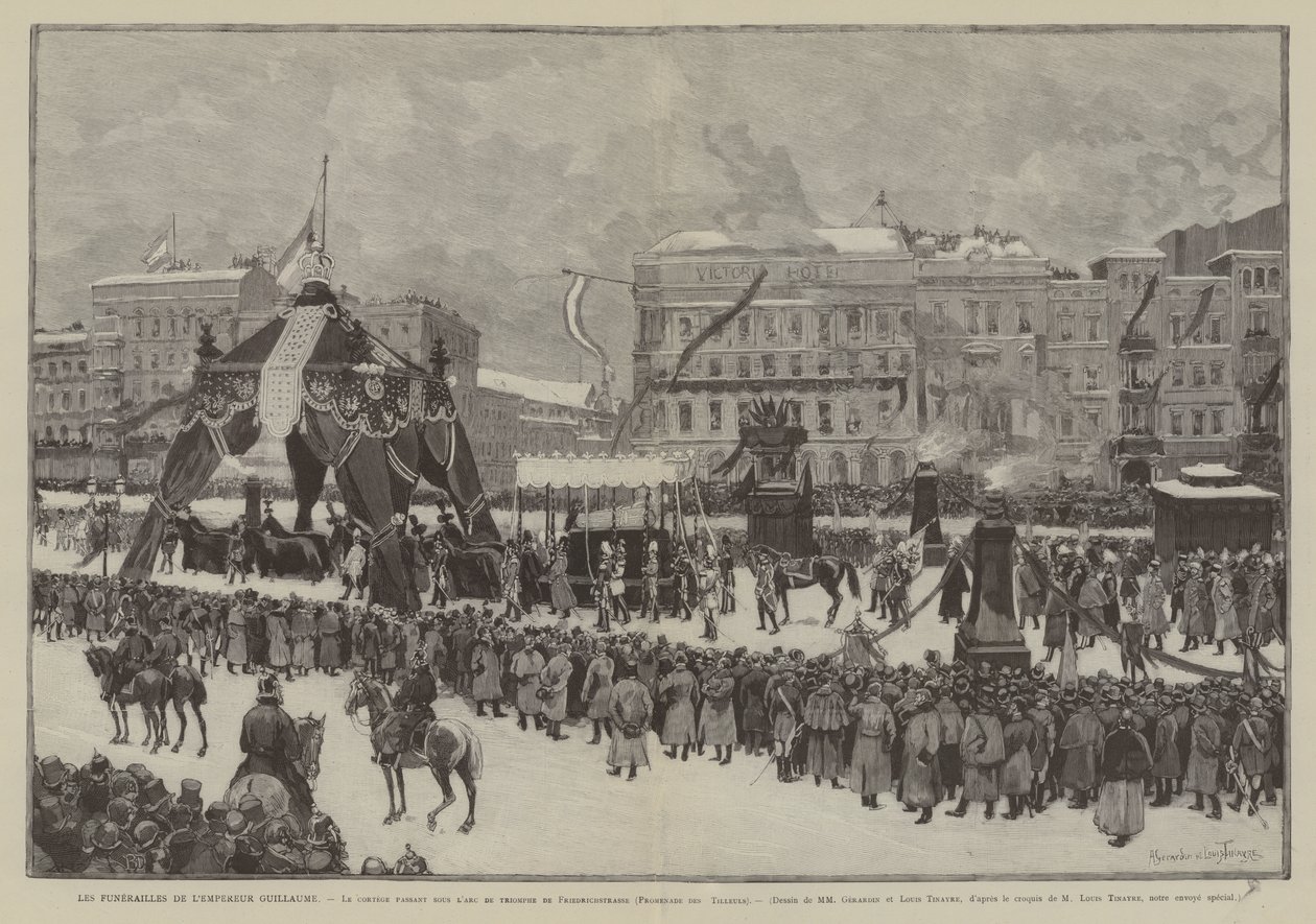 El funeral del Kaiser Guillermo, El cortejo pasa bajo el arco del triunfo en la Friedrichstrasse, Promenade des Tilleuls (grabado) de French School