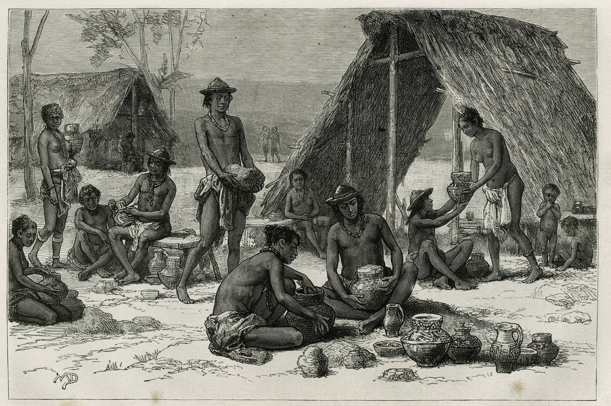 Los indios Galibis (o Kalinas) haciendo cerámica, grabado por D. Maillart, para ilustrar el viaje de exploración en el interior de Guayana por el Dr. Jules Crevaux, médico de la Marina Francesa, en 1876-1877, publicado en la tour du monde, bajo la direcció de French School