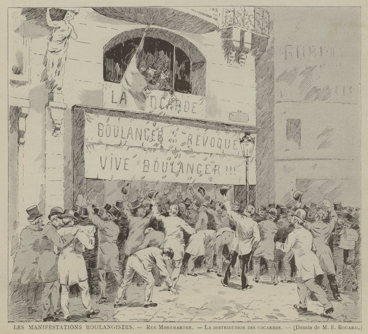 Les Manifestations Boulangistes, Rue Montmartre, La distribution des cocardes (grabado) de French School