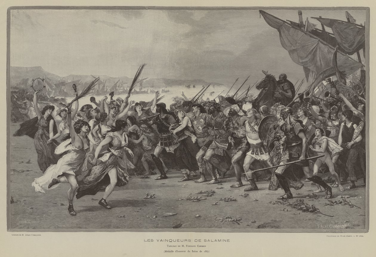 Los vencedores de Salamina (grabado) de French School