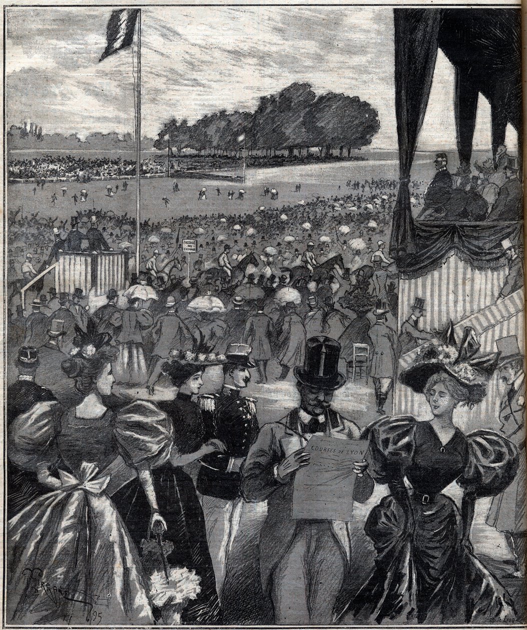 Las carreras de Lyon - después del gran premio - grabado en “El Progreso ilustre” de 1895 de French School