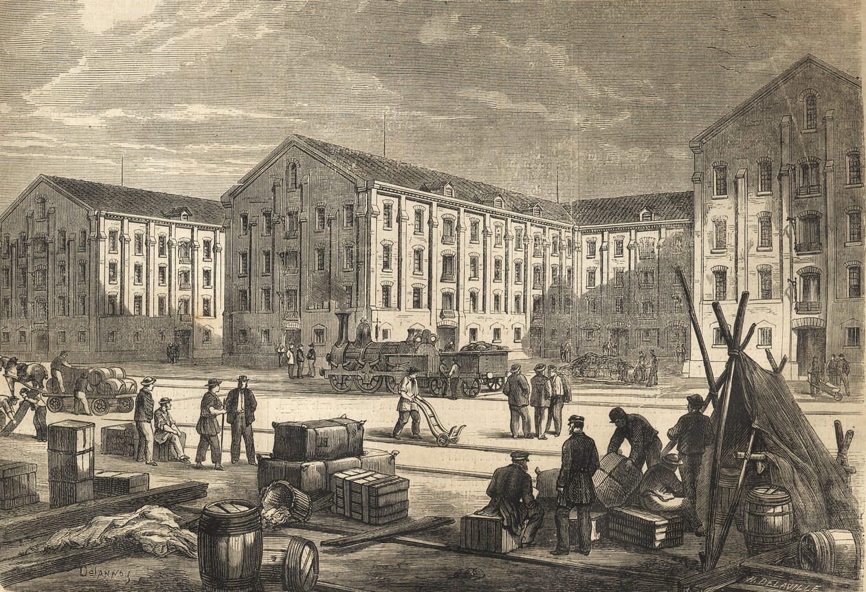 Los muelles de Rouen en 1866 - grabado de French School