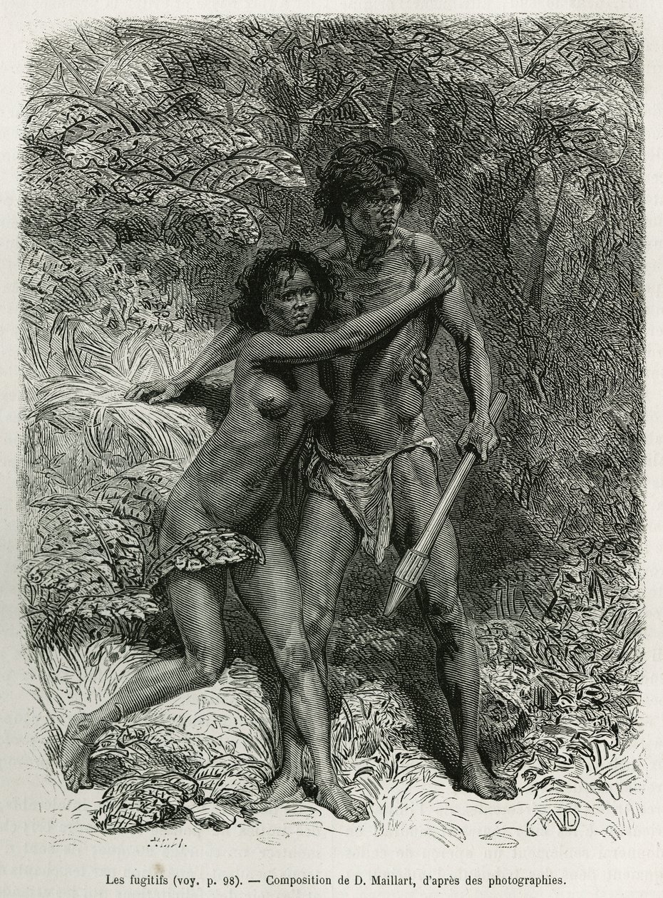 Les fugitives aborigenes, grabado según un dibujo de D.Maillart, para ilustrar el relato Seis meses en Australia, de Desire Charnay, misión asignada por el Ministerio de Instrucción Pública, en 1878, publicado en el tour du monde, bajo la dirección de de French School