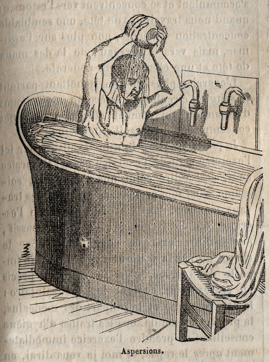 Los gestos del baño - Higiene en el siglo XIX - hombre en una bañera - grabado en 