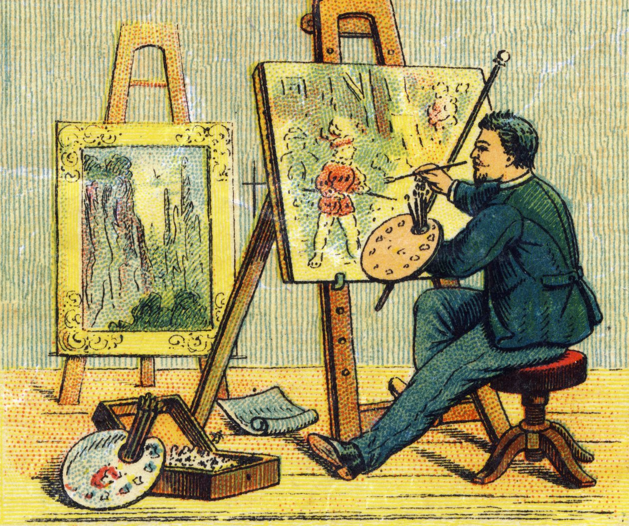 Letra A: pintor en su estudio. Grabado en "ABC indechirable sobre lienzo barnizado". A. Capendu, editor, París, finales del siglo XIX. Librería infantil ilustrada. 8 páginas. Dim: 21,5x18cm. de French School