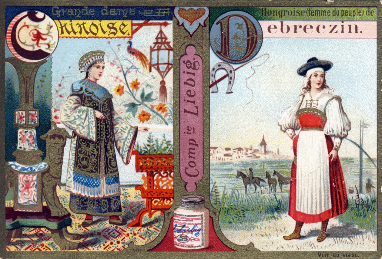 Letra C como Gran Dama China y D como Húngara de Debrecen. Alfabeto de mujeres. Serie de 12 imágenes. Publicidad de Liebig de French School