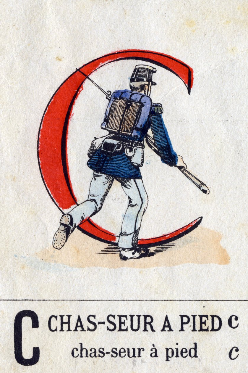 Letra C como Cazador de a pie. Alfabeto militar (ABC o abecedario). Imágenes de Epinal, circa 1870-1880. Xilografías coloreadas con esténcil. Colección privada de French School