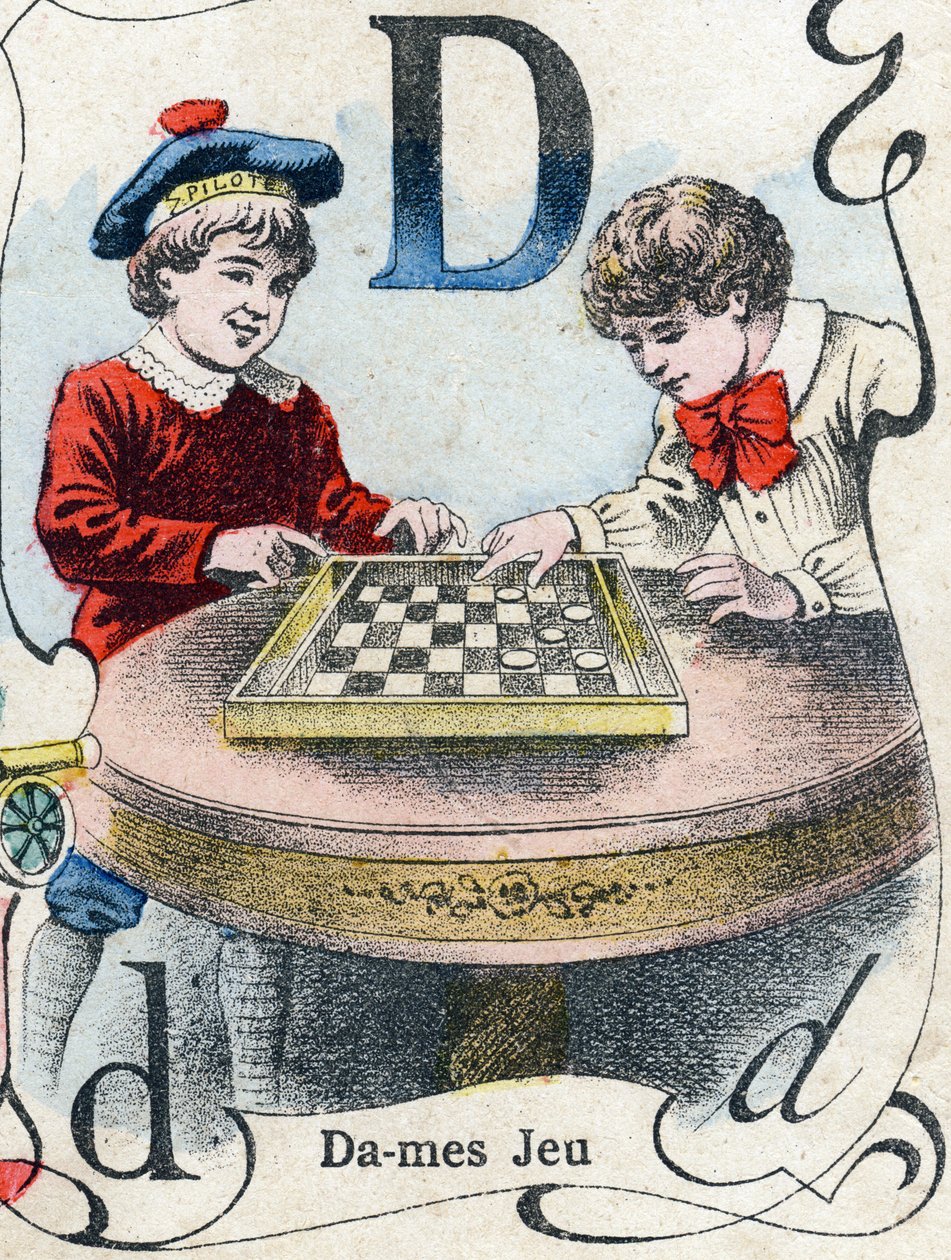 Letra D: Juego de damas. Grabado en "ABC des joux pour petits boys". Imágenes de Pont-a-Mousson, Louis Vagne, impresor-editor, finales del siglo XIX. Dim: 32,5x25 cm de French School