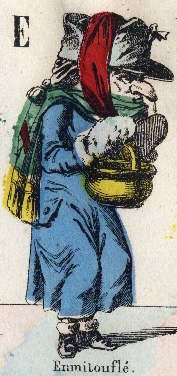 Letra E: Abrigo (Abrigo de pieles y telas para mantenerse caliente). Grabado en "Alfabeto Cómico". Nueva imagen de Epinal. Litografía Pinot et Sagaire, editores, entre 1860 y 1888 de French School