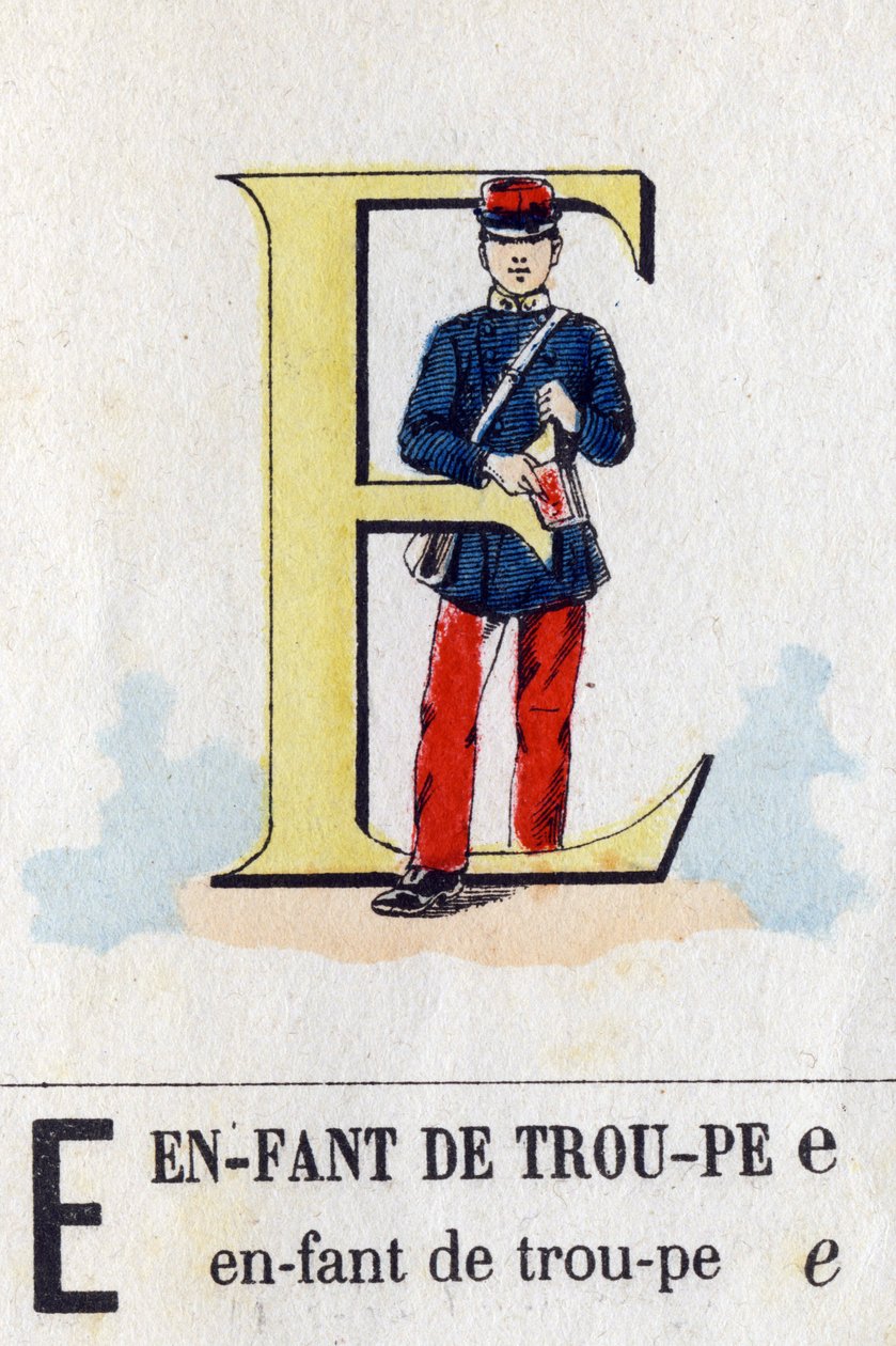 Letra E como niño de tropa. Alfabeto militar. Imágenes de Epinal, circa 1870-1880. Xilografías coloreadas con esténcil de French School