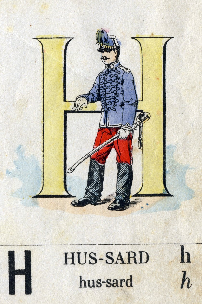 Letra H como húsar. Alfabeto militar. Imágenes de Epinal, circa 1870-1880. Xilografías coloreadas con esténcil de French School