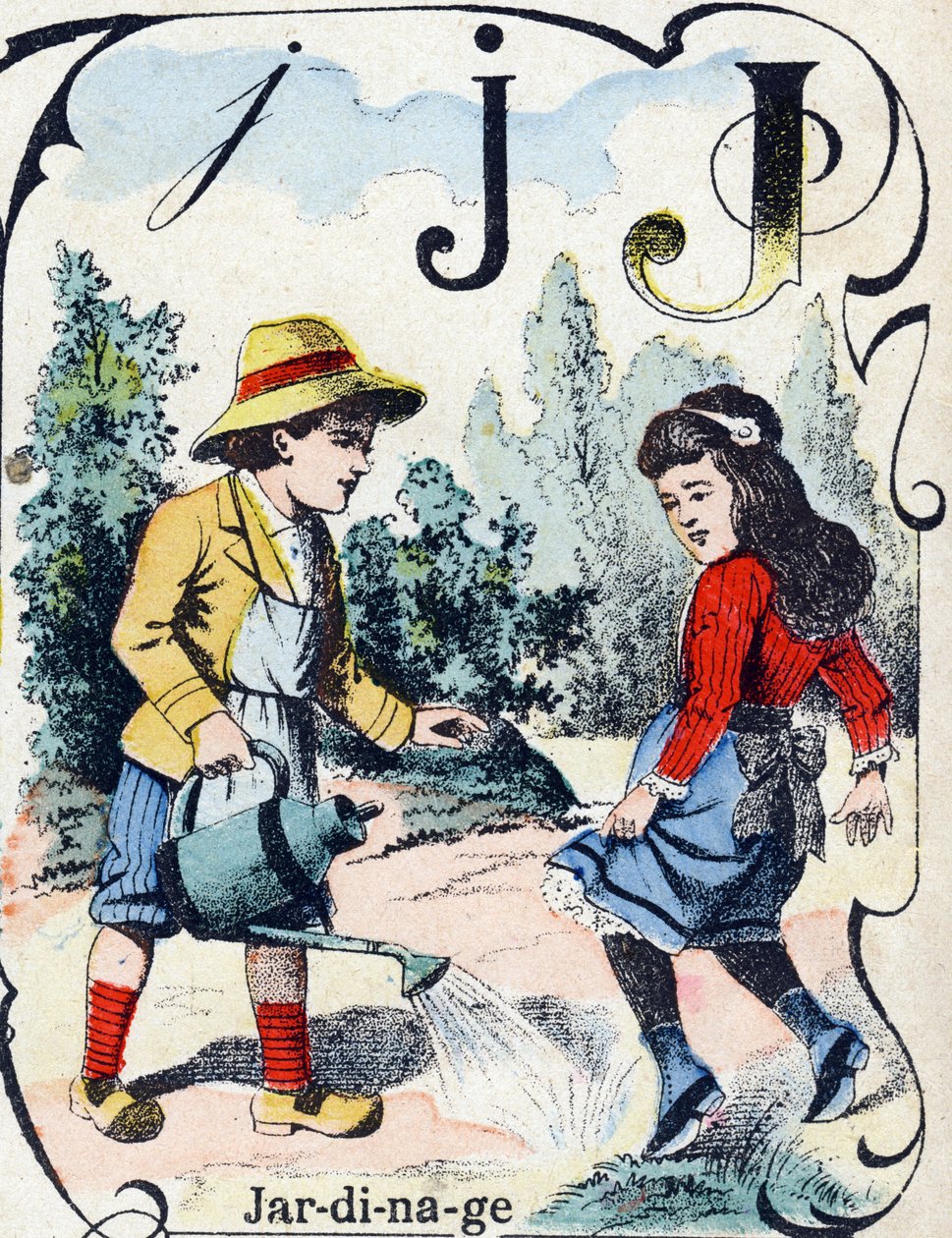 Letra J: Jardinería. Grabado en "ABC des joux pour petits boys". Imágenes de Pont-a-Mousson, Louis Vagne, impresor-editor, finales del siglo XIX. Dim: 32,5x25 cm de French School
