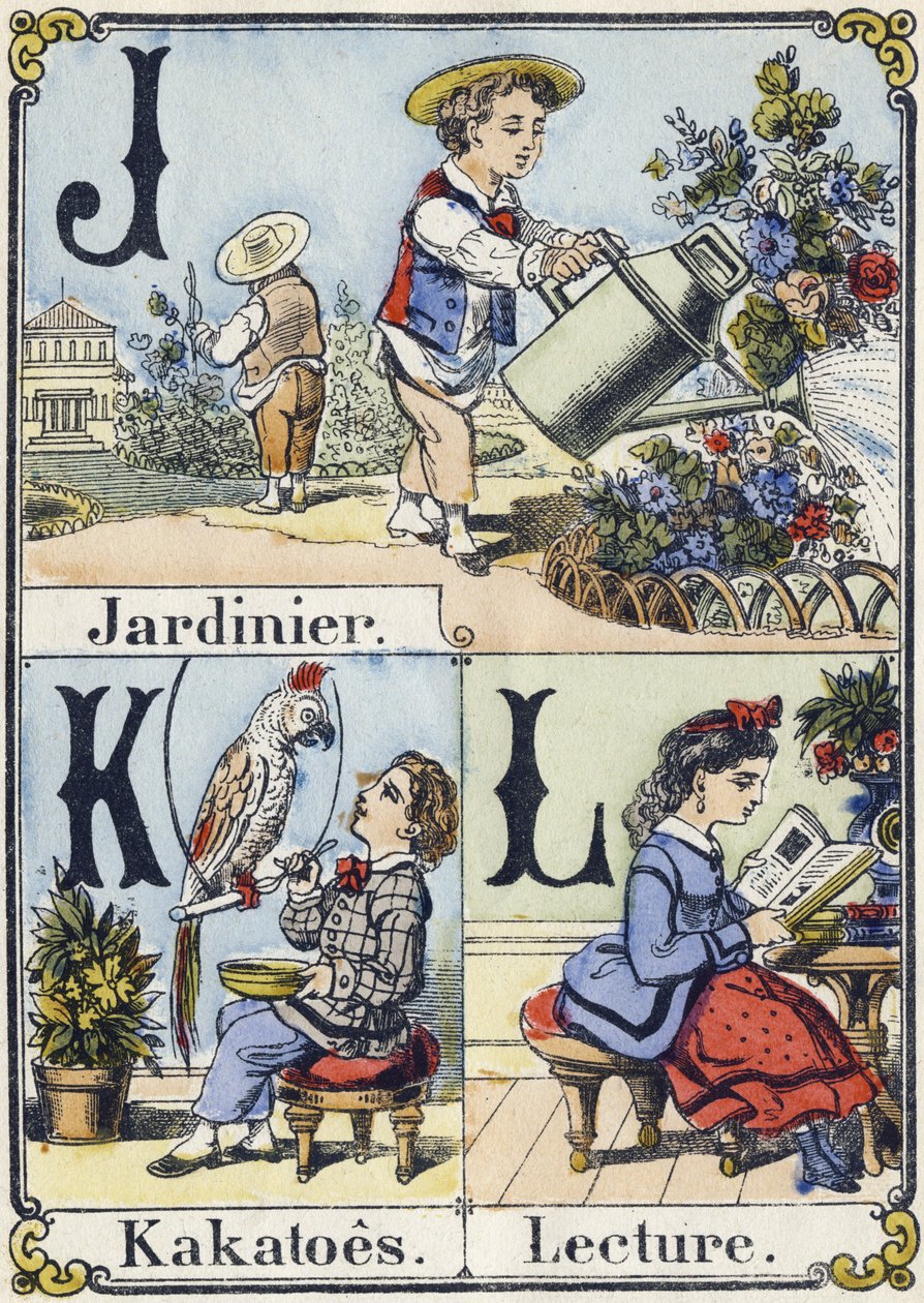 Letras J, K y L: jardinero, cacatúas y lectura. Alfabeto recreativo. Imagen de Epinal, circa 1880 de French School