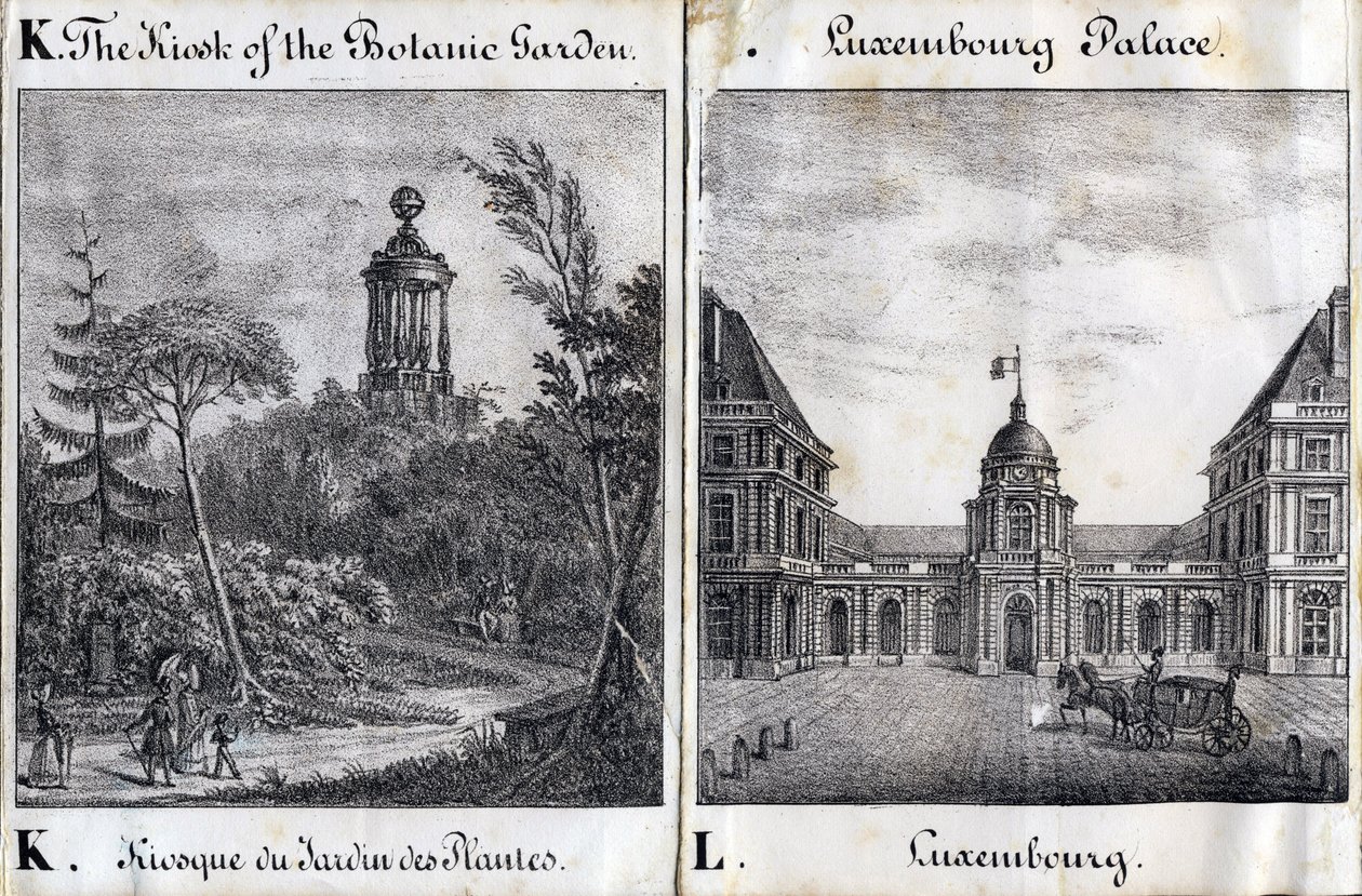 Letra K Quiosco del Jardin des Plantes y L Palais du Luxembourg - "Alphabet Picturesque des Monumens de Paris" c.1840 (grabado) de French School